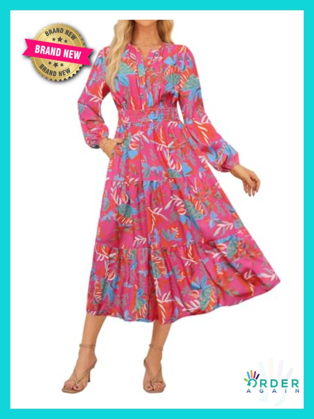 Long Sleeve Maxi Dress V-Neck Floral A-Line Wedding Guest